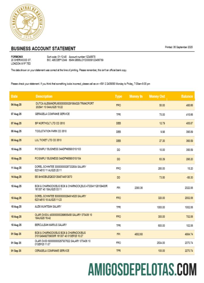 Exemplo de extrato empresarial do Banco Central da Bolívia em formato Word e PDF